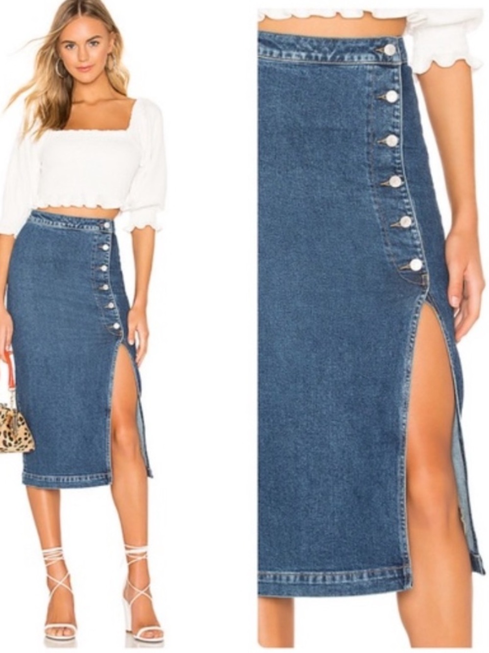 Free People Jasmine Buttoned Blue Jean Midi Skirt Sz 12